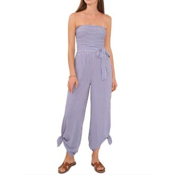 1 State Beach Striped Jumpsuit Sleeveless Romper Swim Cover Up Leg Slit Size L - Picture 1 of 6